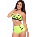 Maillot de bain femme style r&eacute;tro jaune fluo effet push-up
